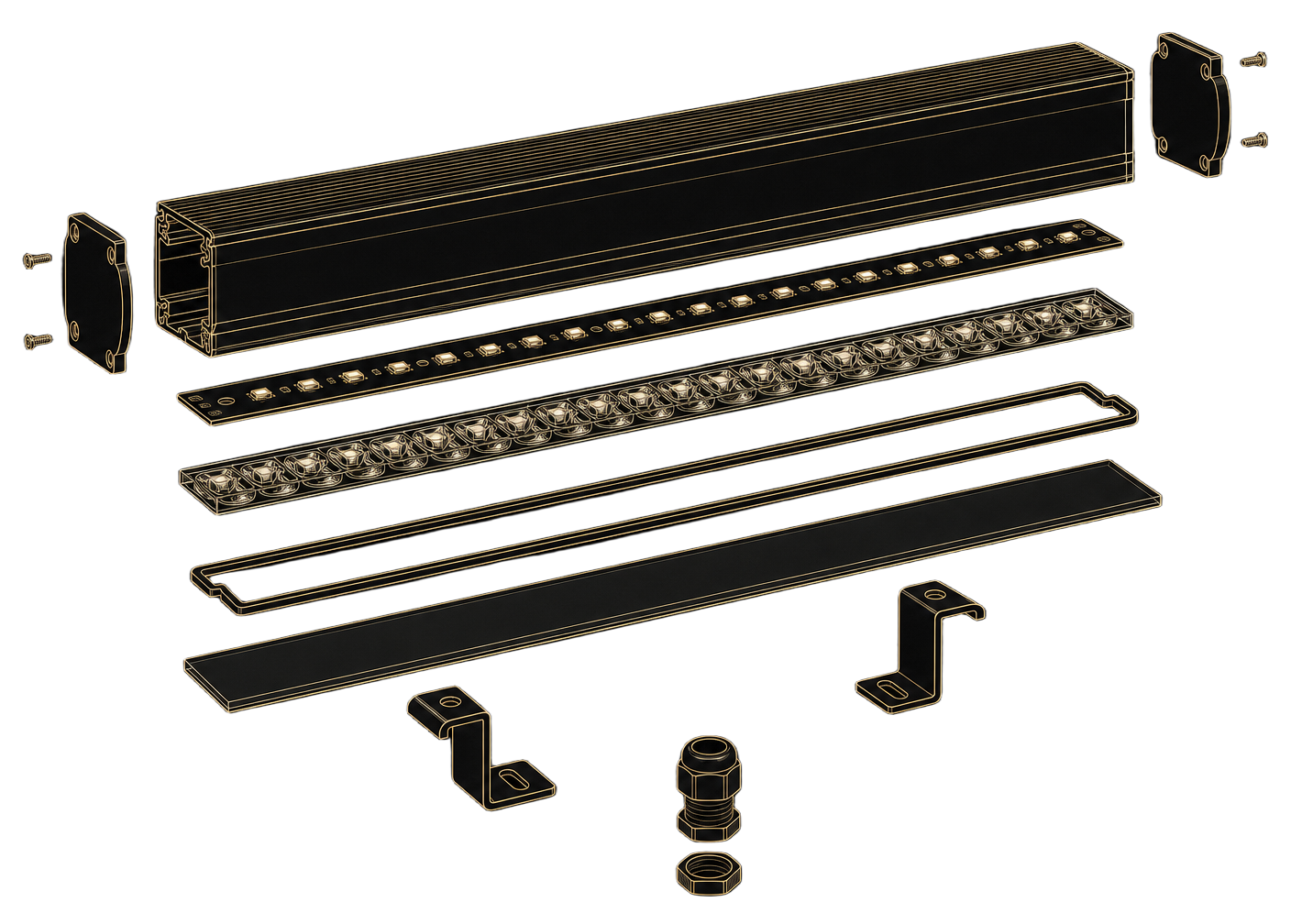 Exploded technical view of a Kerr linear façade luminaire showing housing, LED board, optics, gasket, glass and brackets