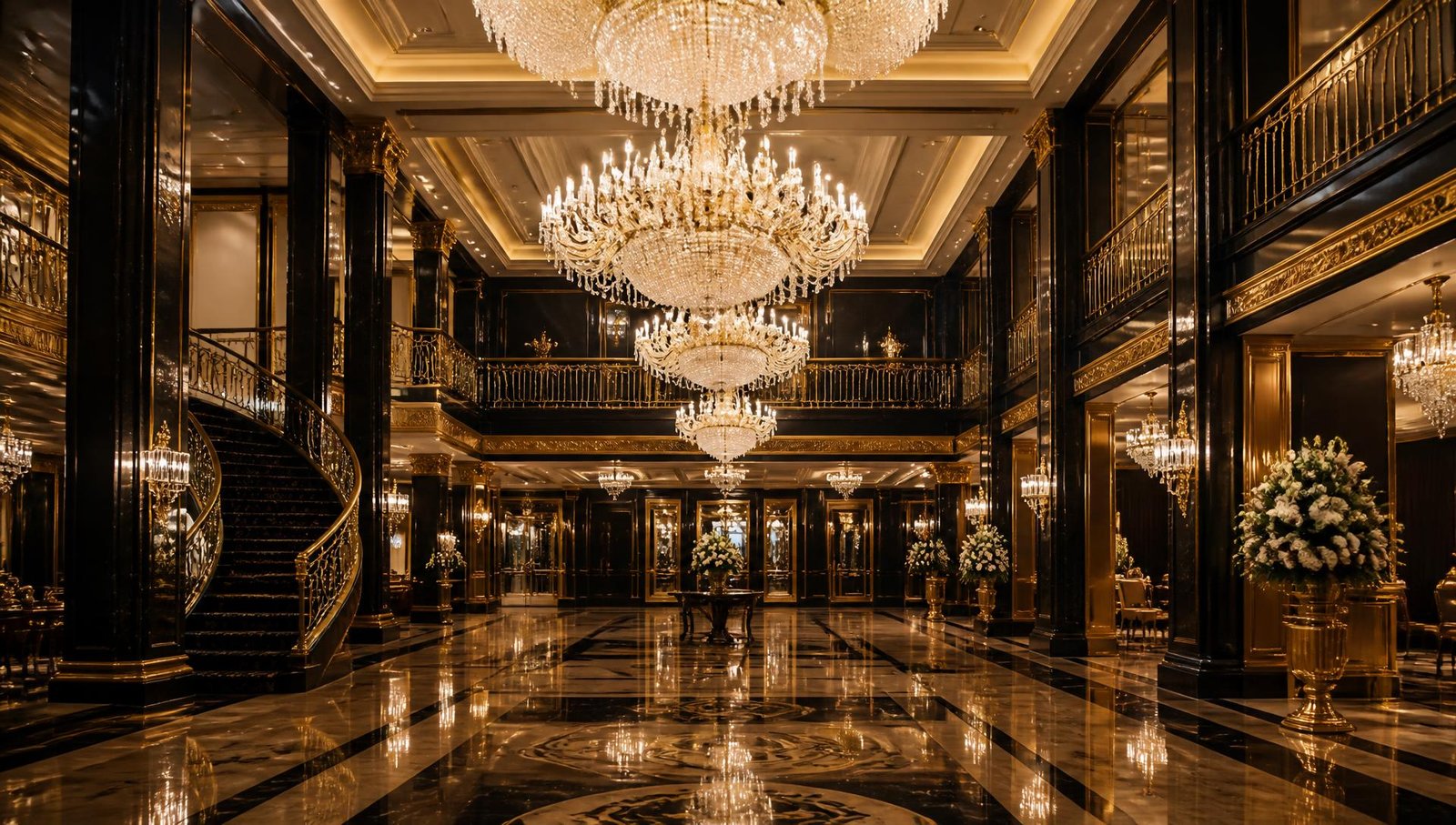 Grand ballroom with cascading crystal chandeliers