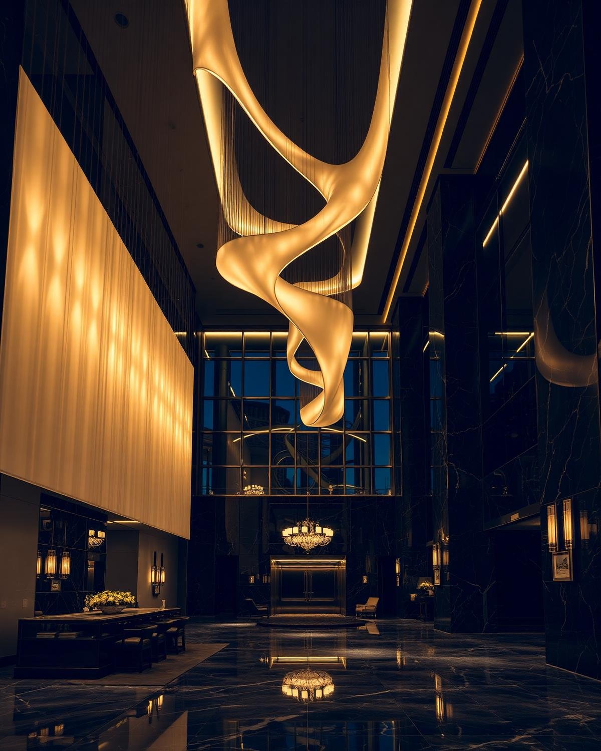 Hotel lobby with sculptural lighting