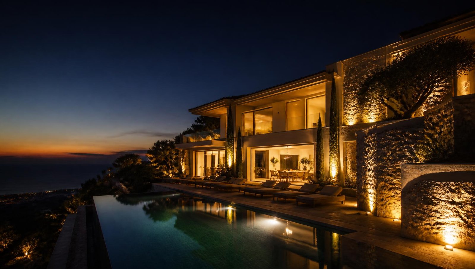 Luxury villa illuminated at sunset