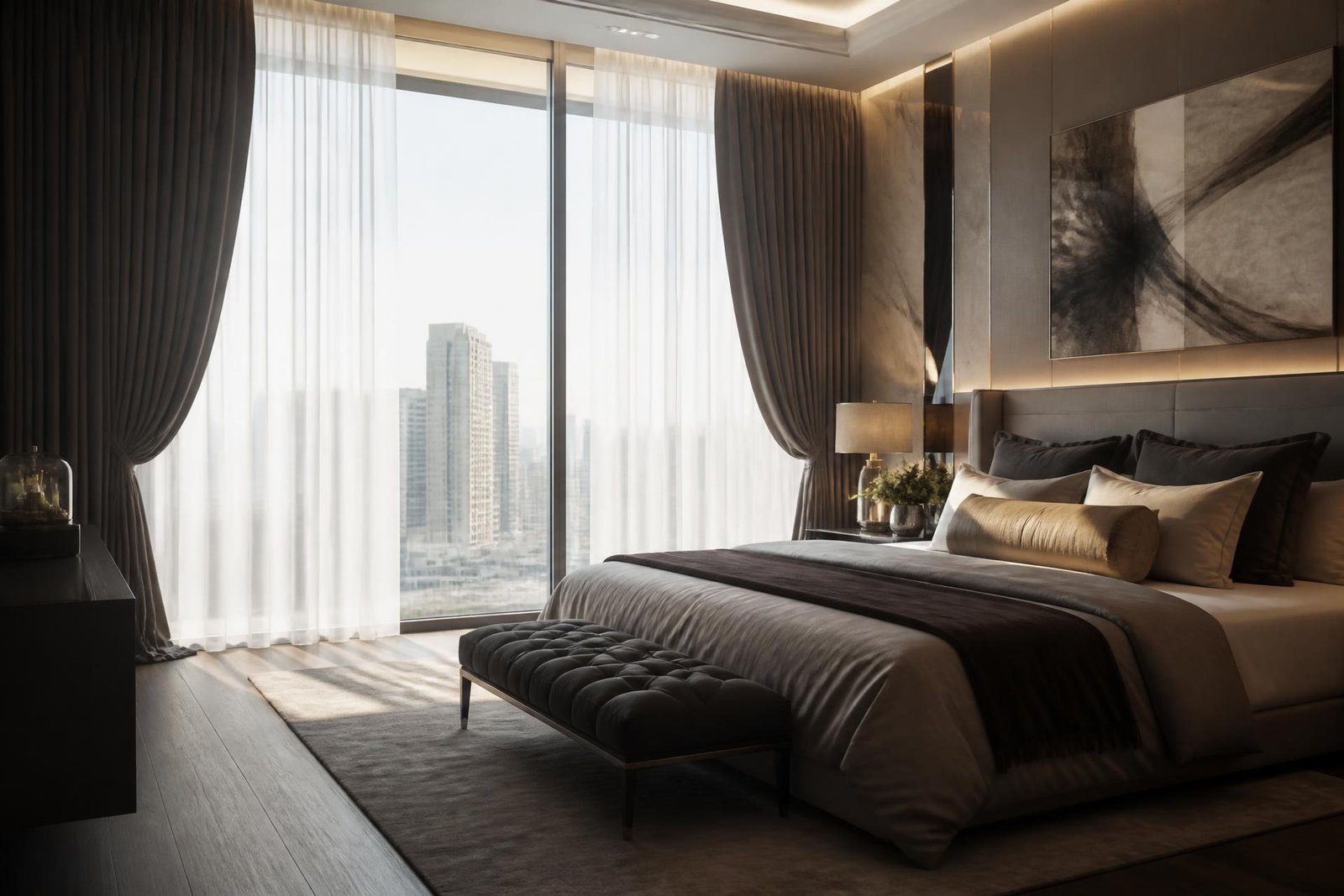 Luxury bedroom with floor-to-ceiling motorised curtains partially open in soft daylight