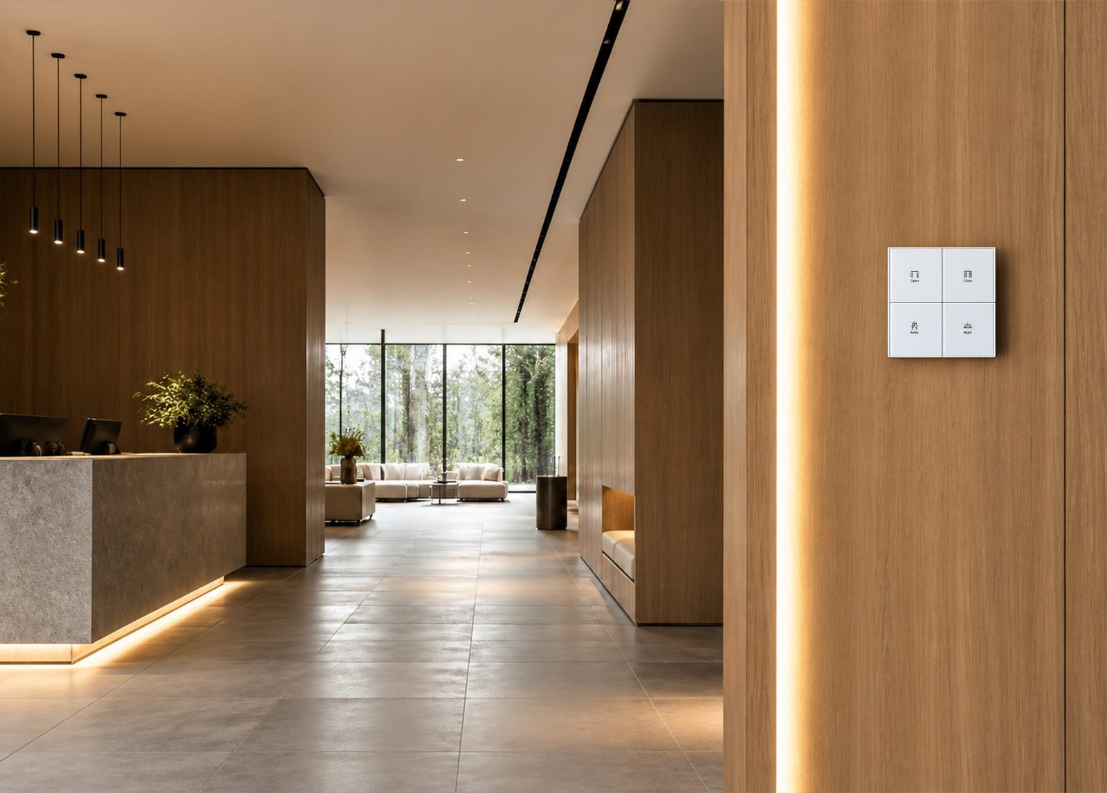 Minimal luxury lobby with warm architectural lighting and an elegant wall-mounted scene control panel